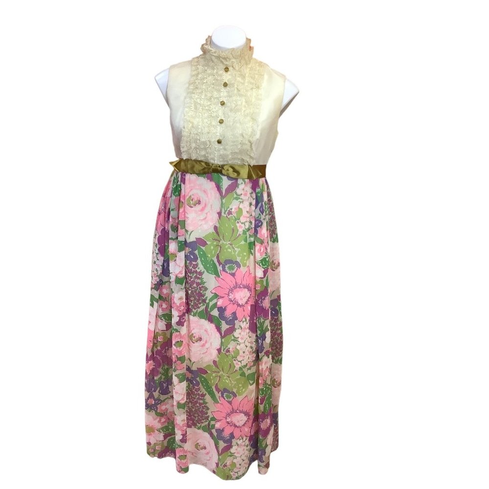 1970s Bridgerton Inspired Ivory and Floral Sleeveless Dress